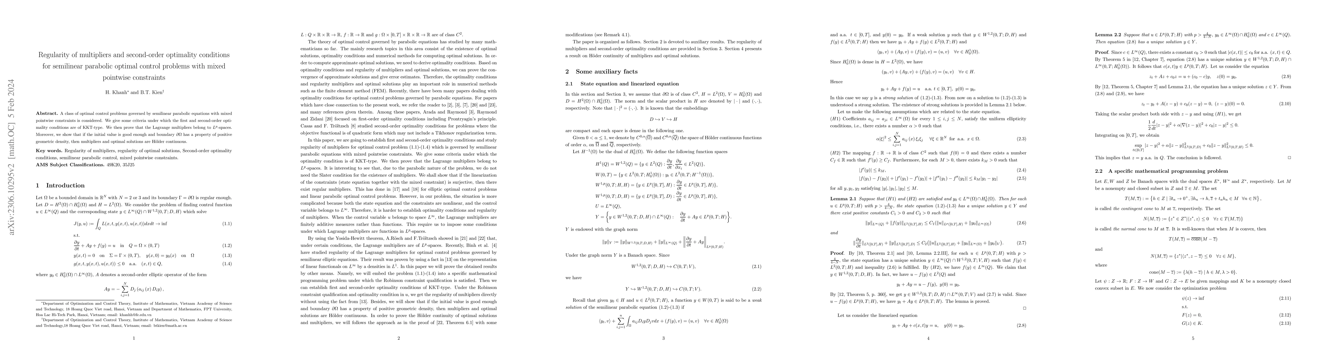Thumbnail for Regularity of multipliers and second-order optimality conditions for
  semilinear parabolic optimal control problems with mixed pointwise
  constraints