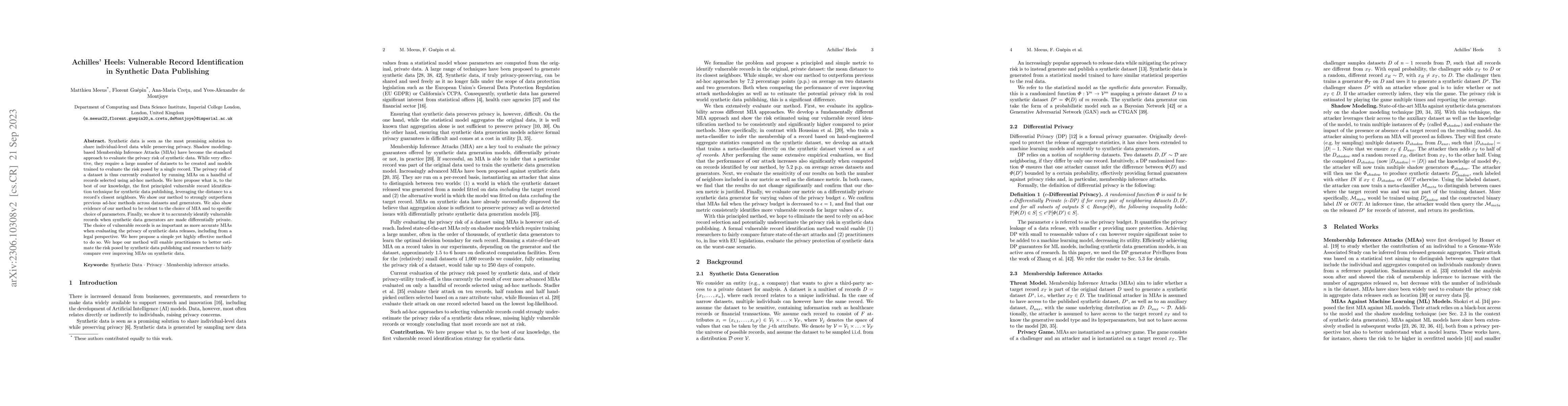 Thumbnail for Achilles' Heels: Vulnerable Record Identification in Synthetic Data
  Publishing
