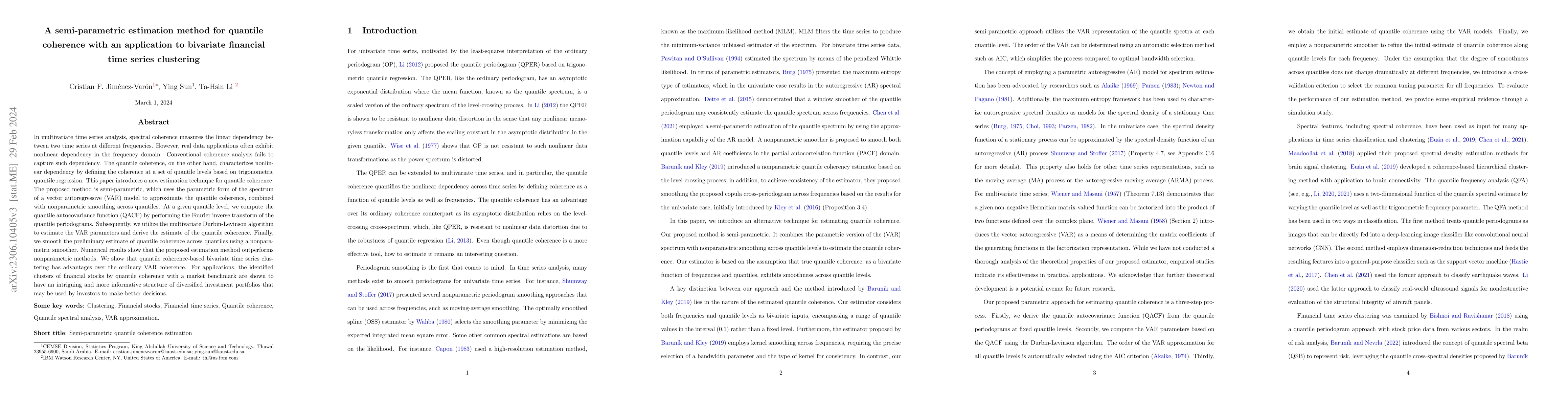 Thumbnail for A semi-parametric estimation method for quantile coherence with an
  application to bivariate financial time series clustering