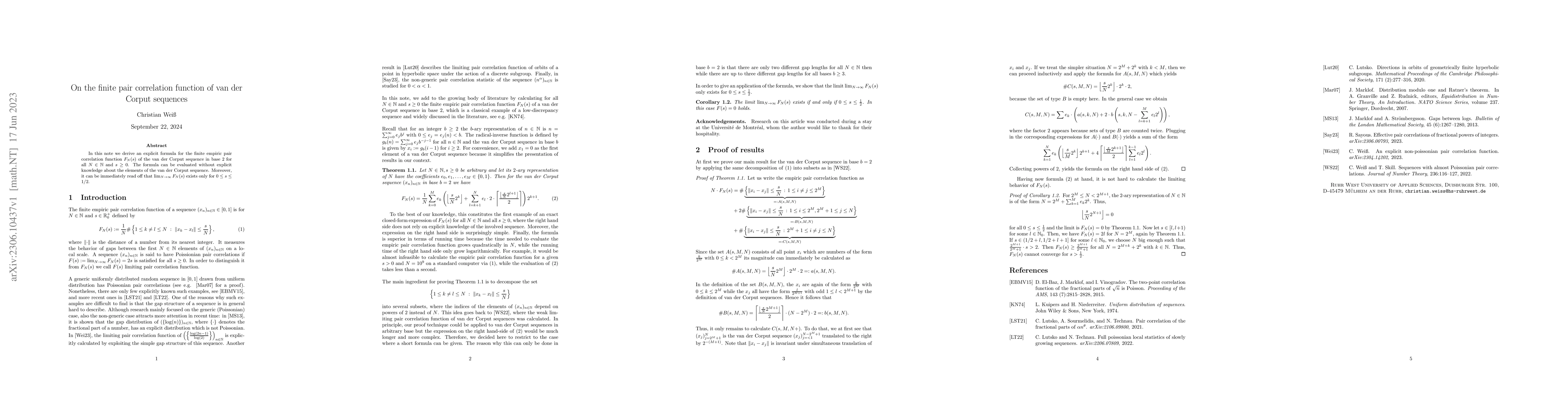 Thumbnail for On the finite pair correlation function of van der Corput sequences