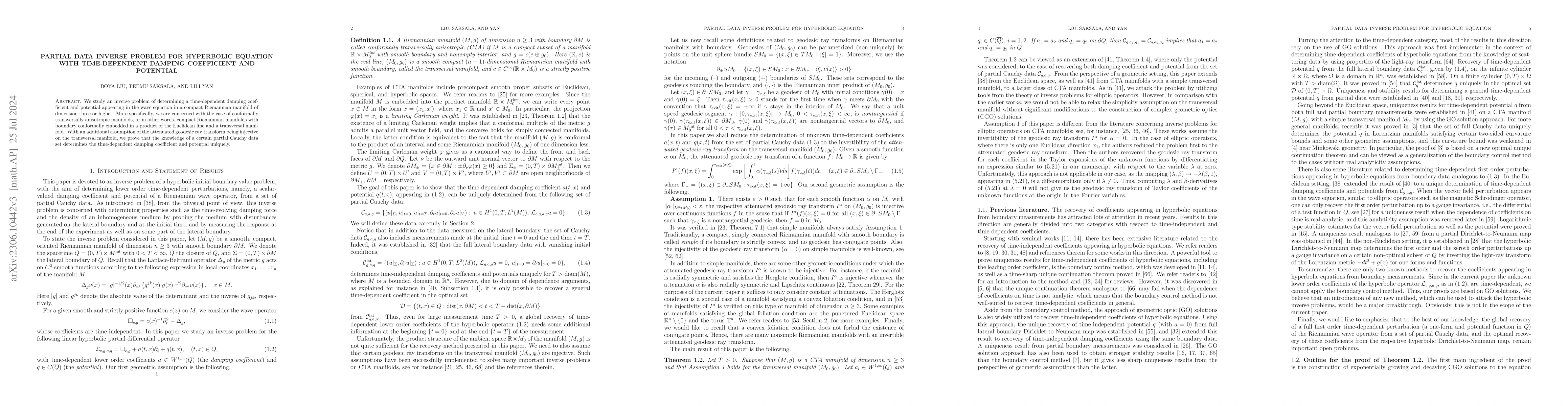 Thumbnail for Partial data inverse problem for hyperbolic equation with time-dependent
  damping coefficient and potential