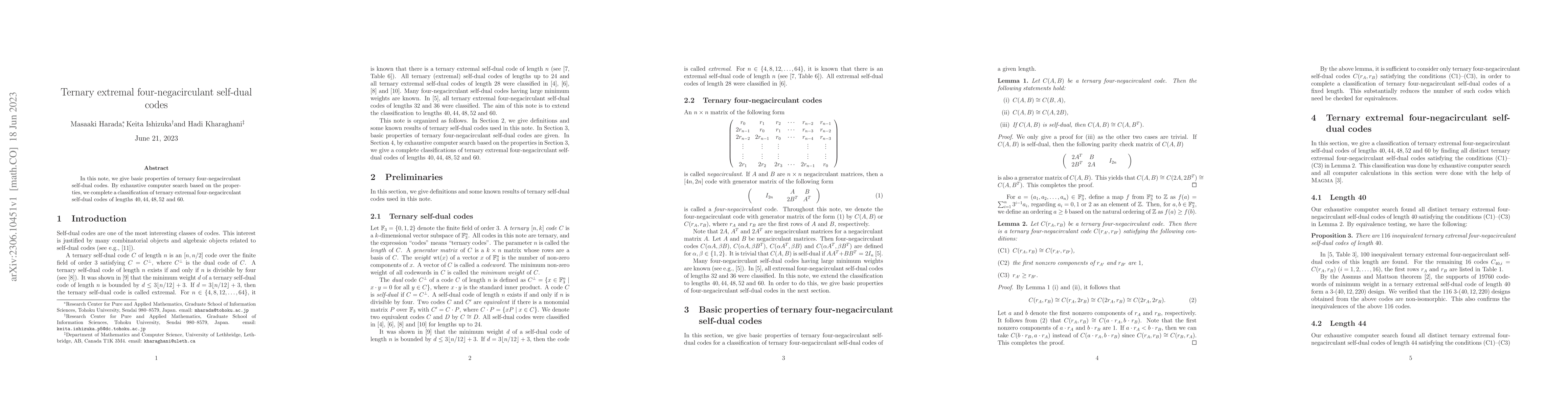 Thumbnail for Ternary extremal four-negacirculant self-dual codes