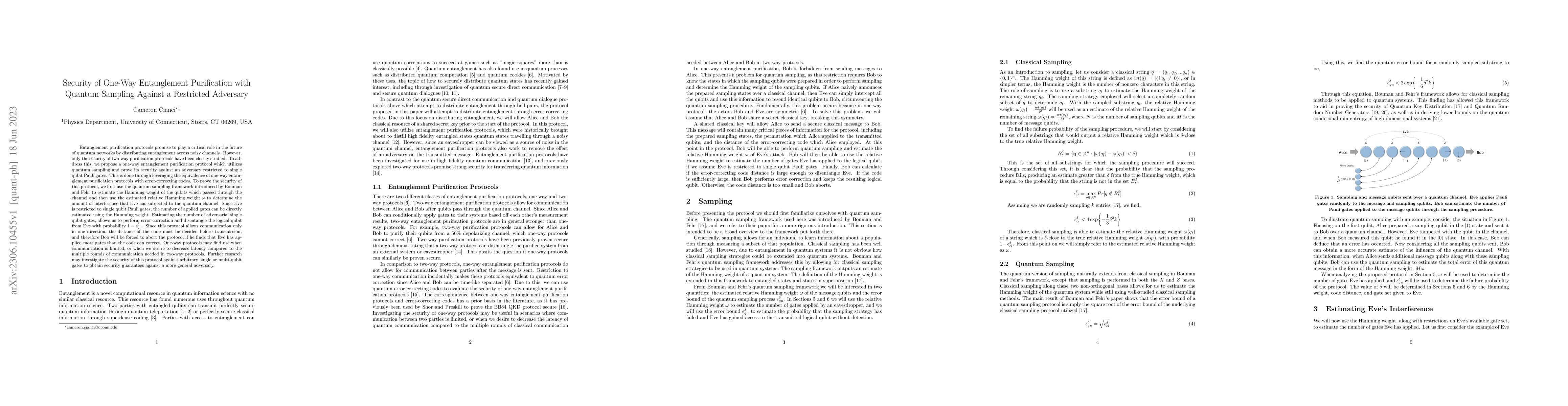 Thumbnail for Security of One-Way Entanglement Purification with Quantum Sampling
  Against a Restricted Adversary
