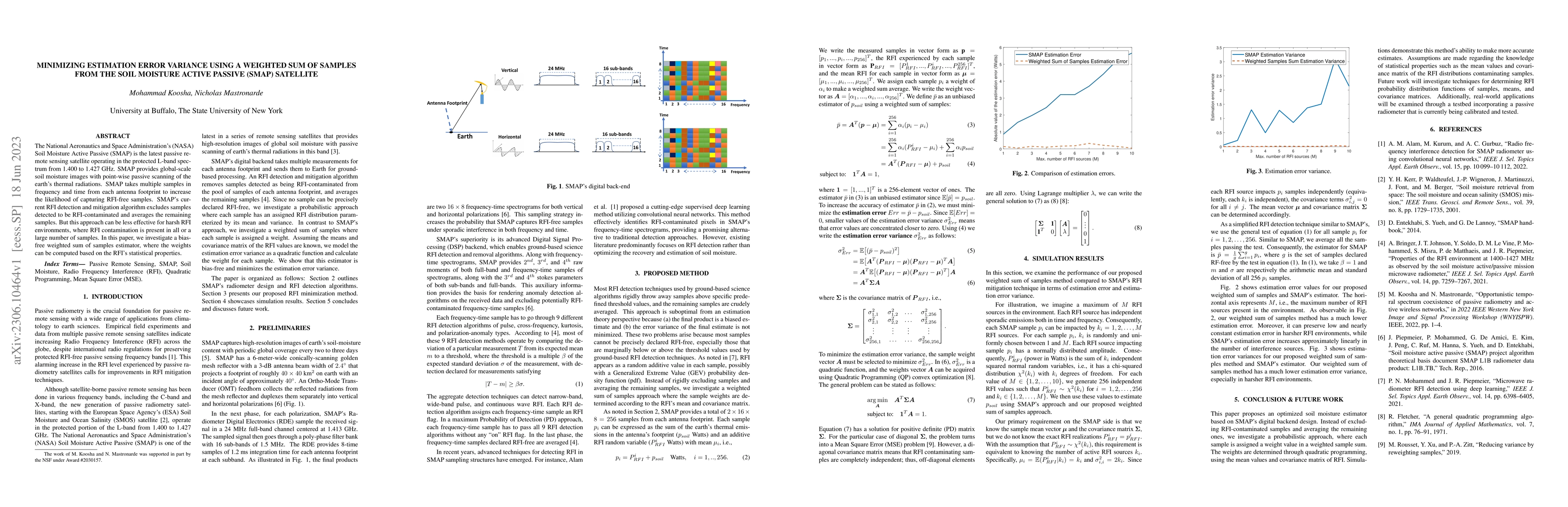 Thumbnail for minimizing estimation error variance using a weighted sum of samples
  from the soil moisture active passive (SMAP) satellite