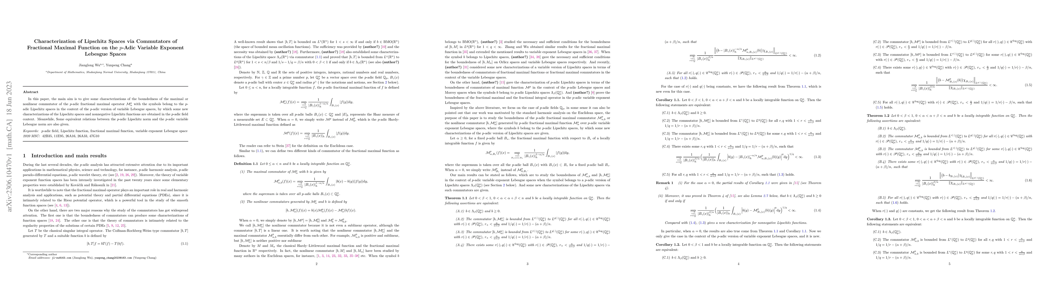 Thumbnail for Characterization of Lipschitz Spaces via Commutators of Fractional
  Maximal Function on the $p$-Adic Variable Exponent Lebesgue Spaces