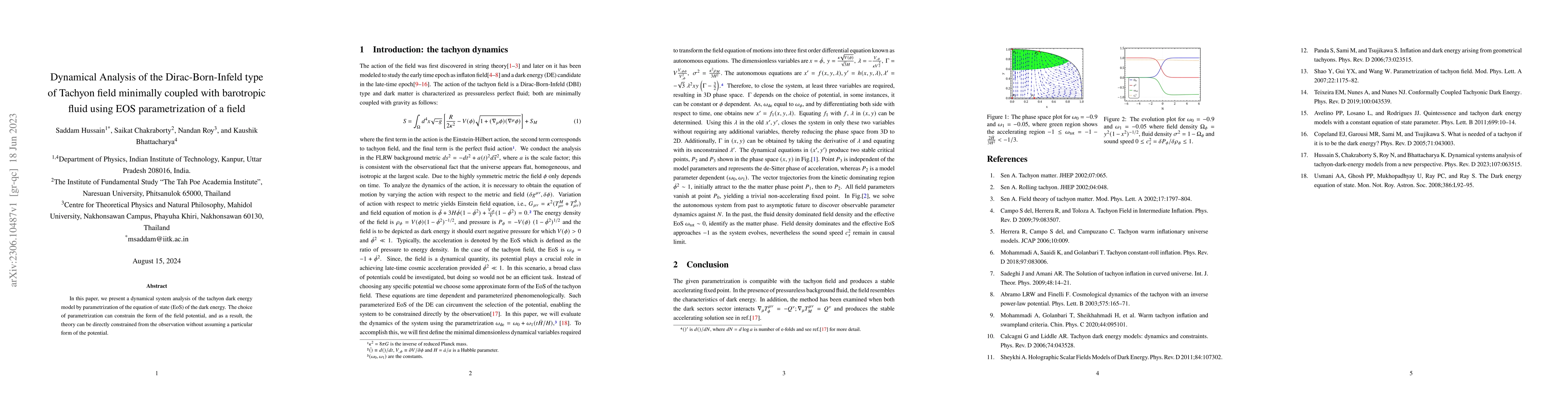 Thumbnail for Dynamical Analysis of the Dirac-Born-Infeld type of Tachyon field
  minimally coupled with barotropic fluid using EOS parametrization of a field