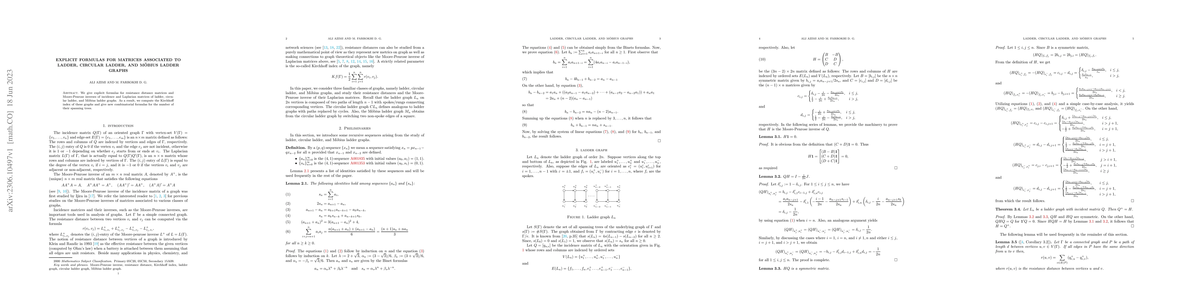 Thumbnail for Explicit formulas for matrices associated to ladder, circular ladder,
  and Mobius ladder graphs
