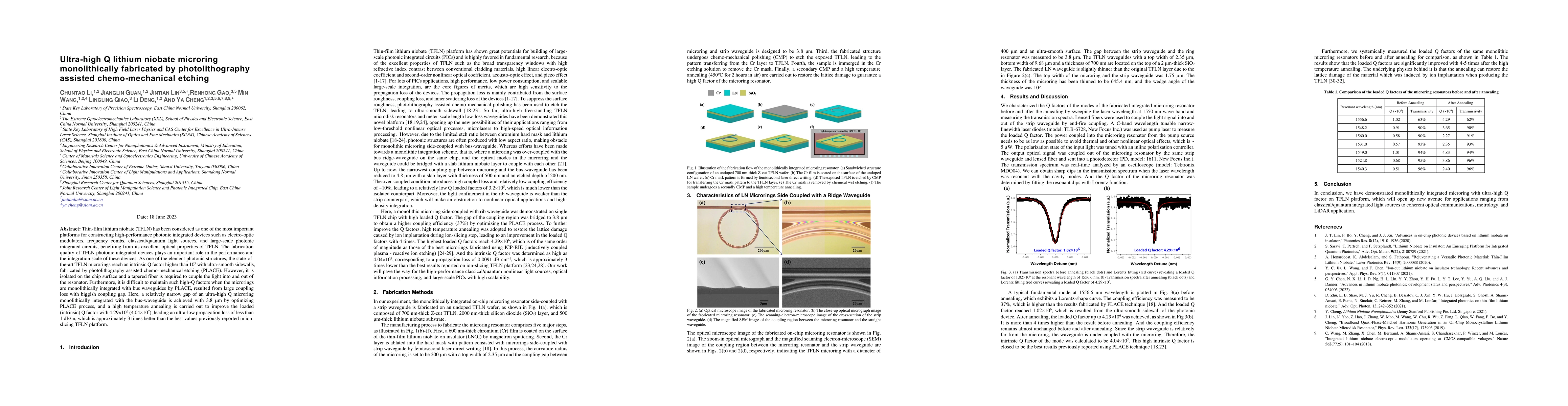 Thumbnail for Ultra-high Q lithium niobate microring monolithically fabricated by
  photolithography assisted chemo-mechanical etching