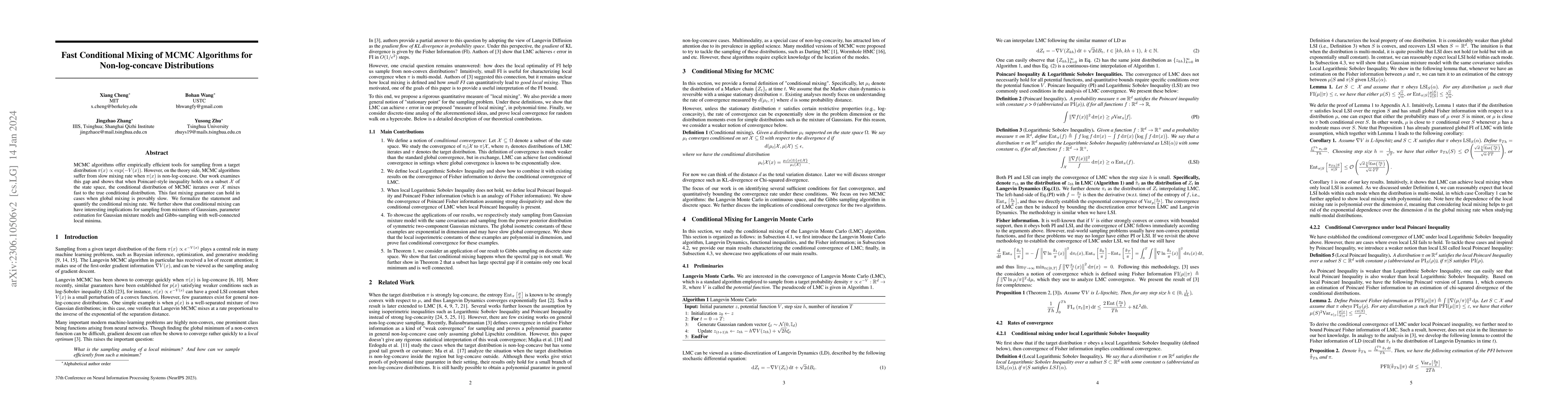 Thumbnail for Fast Conditional Mixing of MCMC Algorithms for Non-log-concave
  Distributions