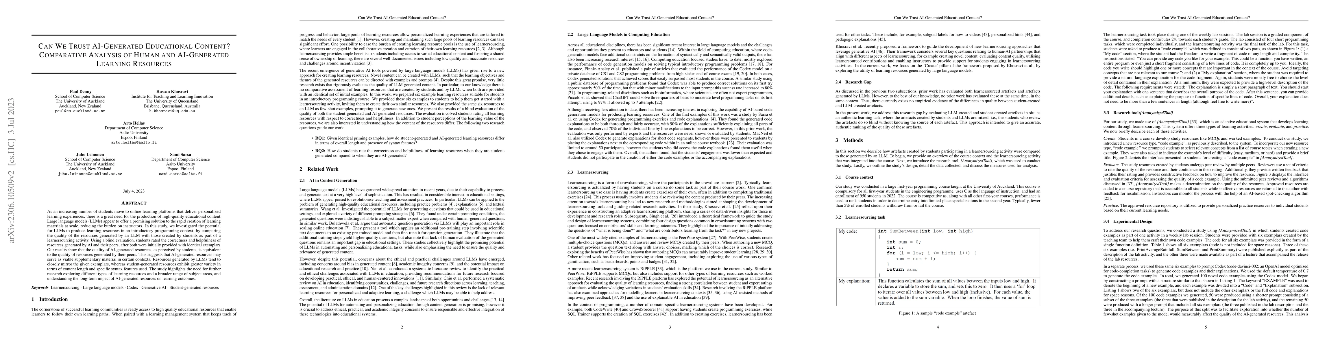 Thumbnail for Can We Trust AI-Generated Educational Content? Comparative Analysis of
  Human and AI-Generated Learning Resources