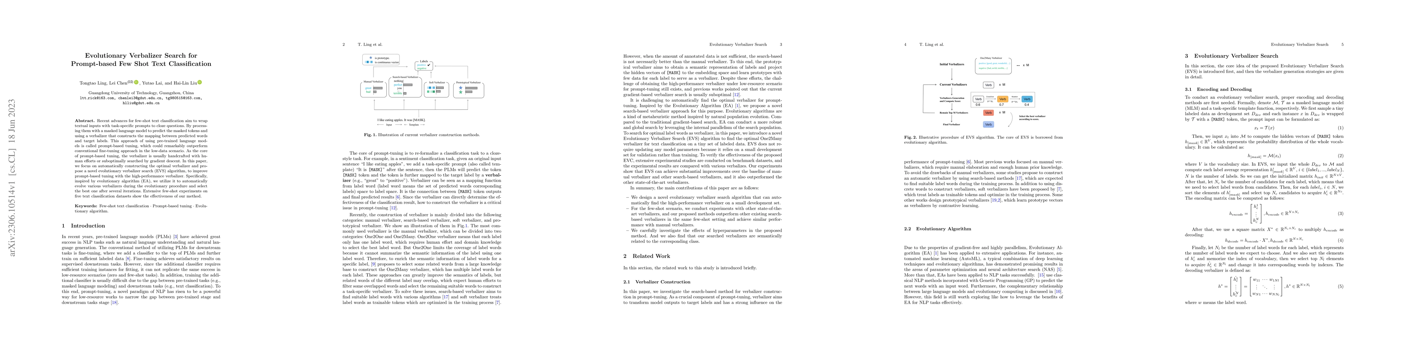Thumbnail for Evolutionary Verbalizer Search for Prompt-based Few Shot Text
  Classification