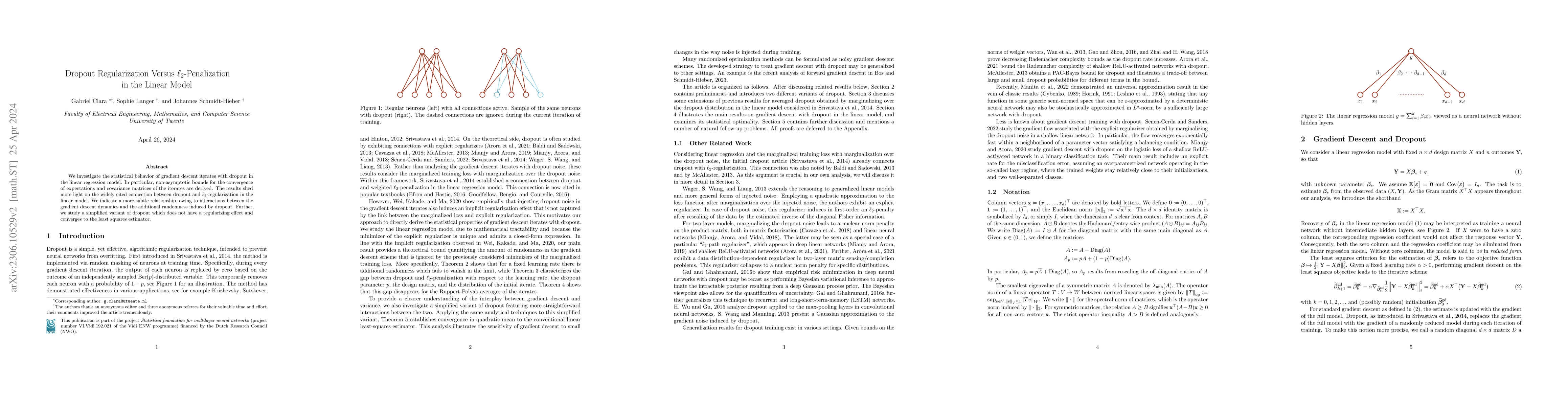 Thumbnail for Dropout Regularization Versus $\ell_2$-Penalization in the Linear Model