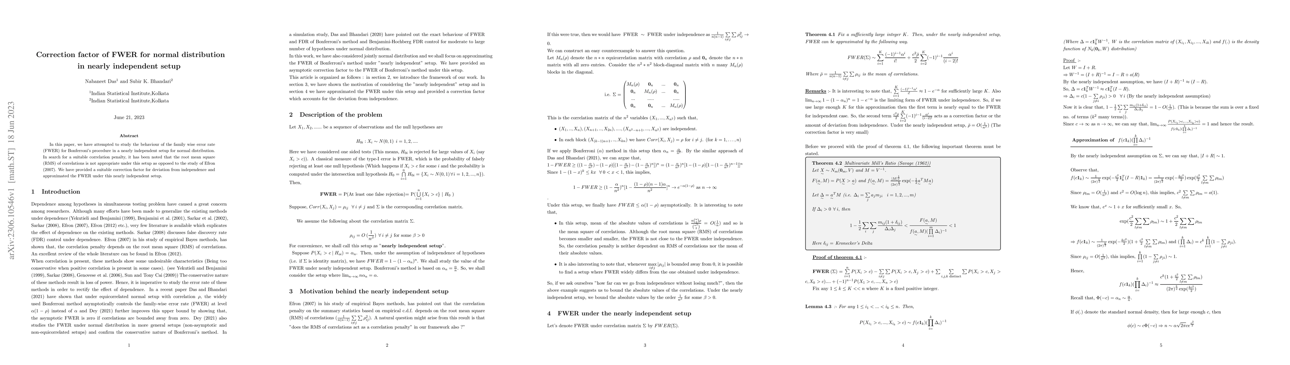 Thumbnail for Correction Factor of FWER for Normal Distribution in Nearly Independent
  Setup