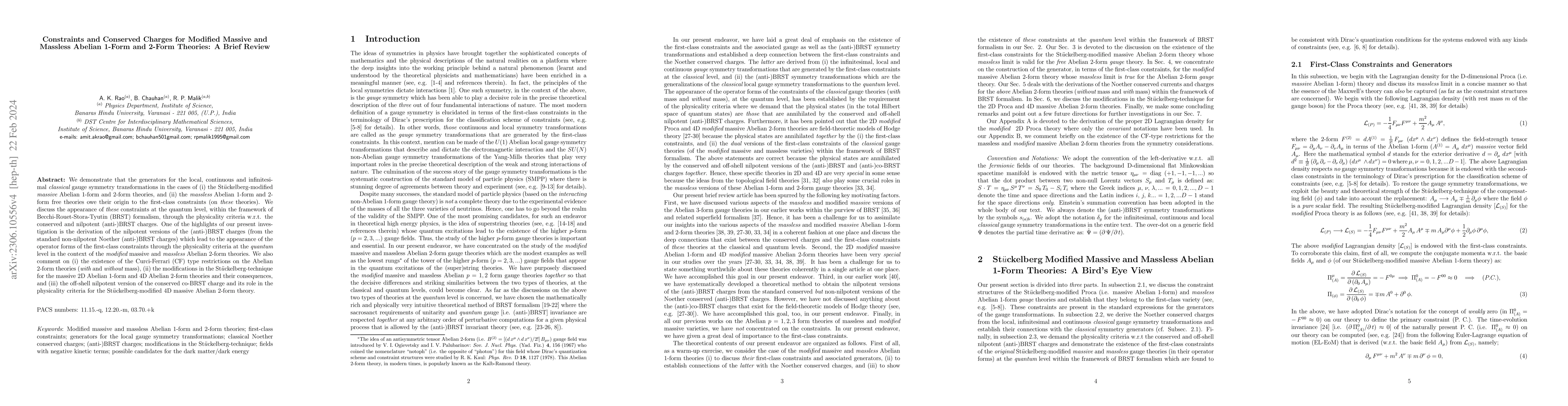 Thumbnail for Constraints and Conserved Charges for Modified Massive and Massless
  Abelian 1-Form and 2-Form Theories: A Brief Review