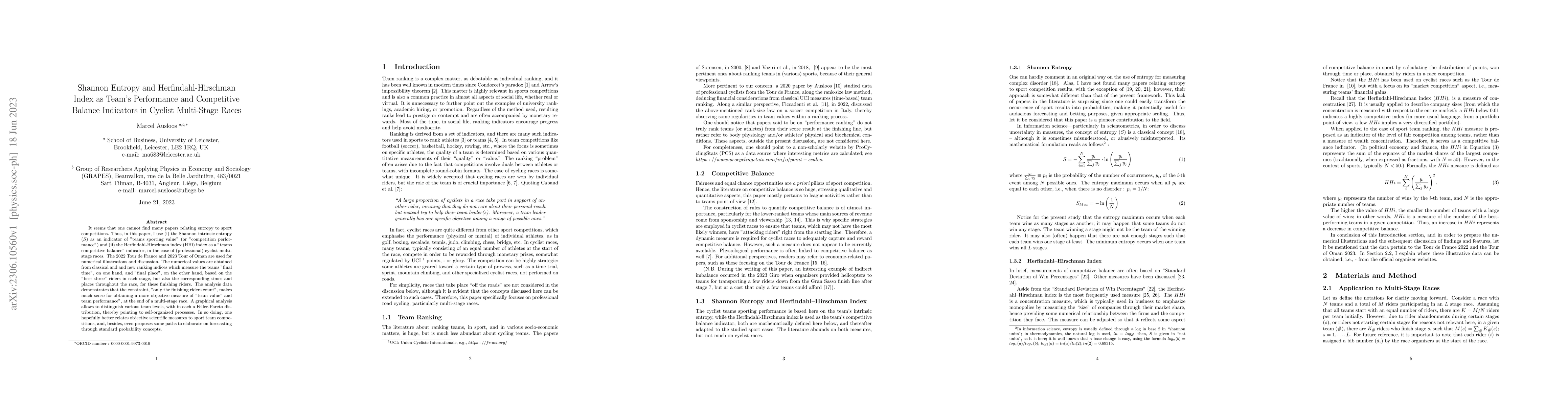 Thumbnail for Shannon Entropy and Herfindahl-Hirschman Index as Team's Performance and
  Competitive Balance Indicators in Cyclist Multi-Stage Races