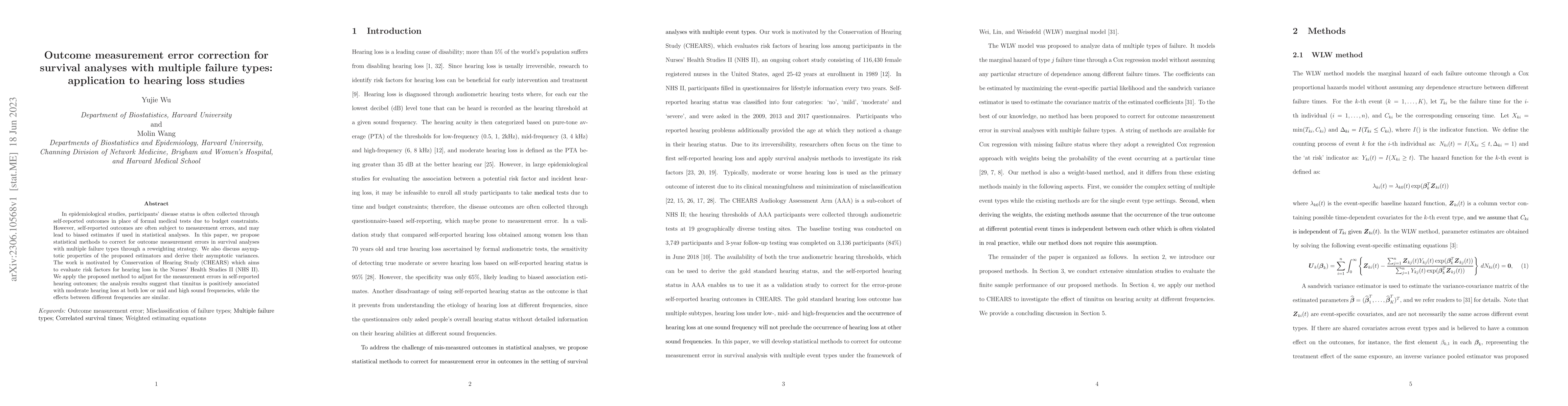 Thumbnail for Outcome measurement error correction for survival analyses with multiple
  failure types: application to hearing loss studies