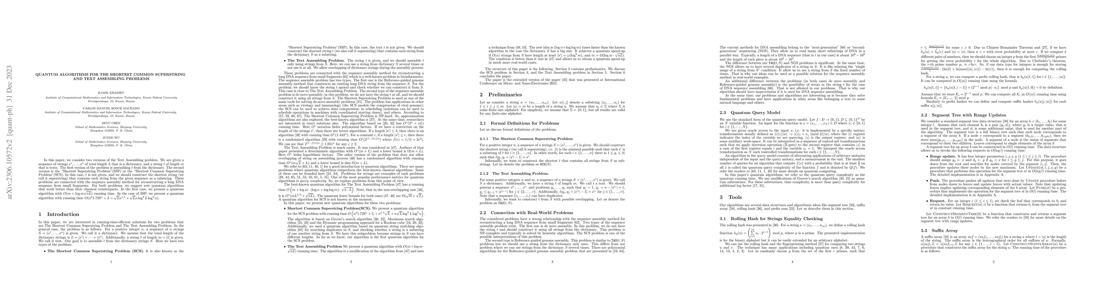 Thumbnail for Quantum Algorithms for the Shortest Common Superstring and Text
  Assembling Problems