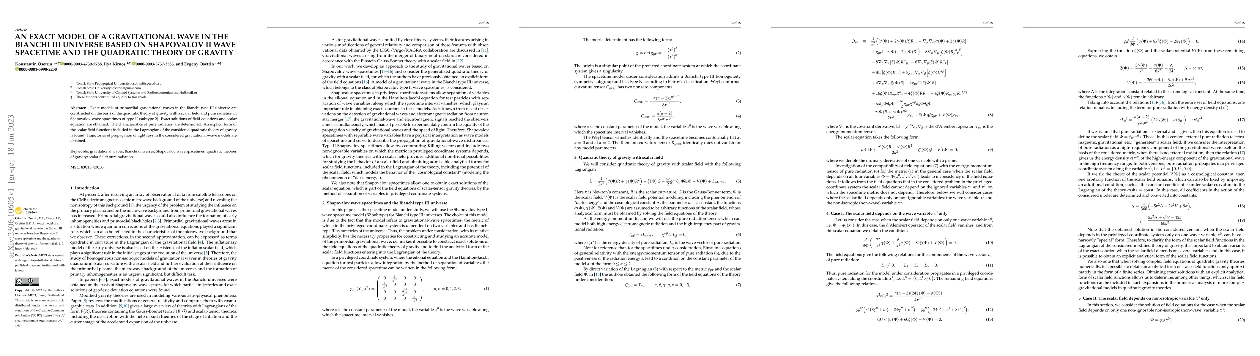 Thumbnail for An exact model of a gravitational wave in the Bianchi III universe based
  on Shapovalov II wave spacetime and the quadratic theory of gravity
