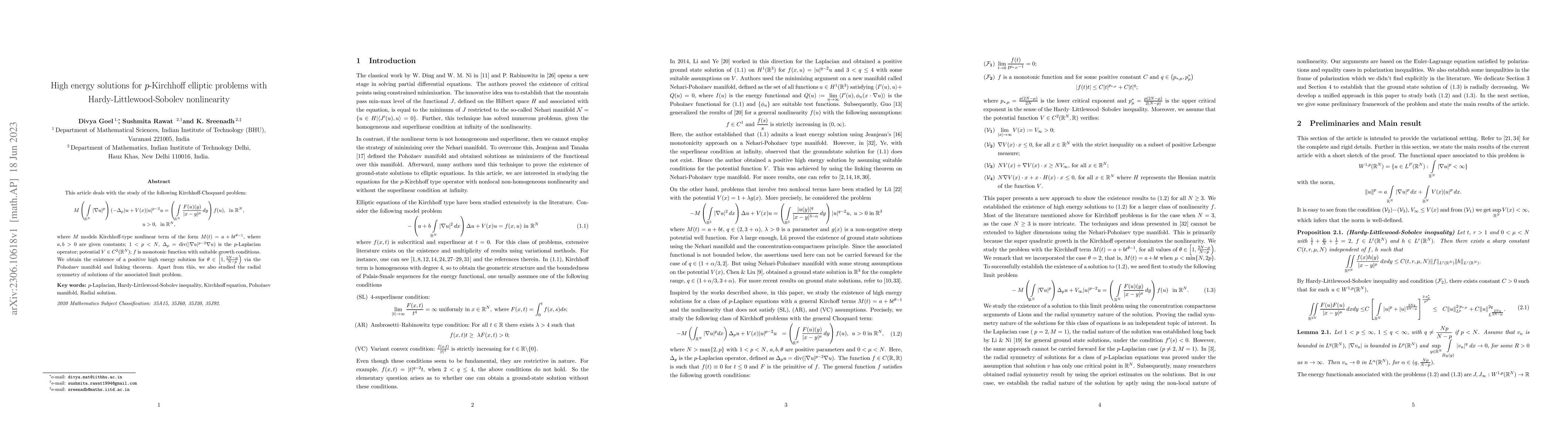 Thumbnail for High energy solutions for $p$-Kirchhoff elliptic problems with
  Hardy-Littlewood-Sobolev nonlinearity