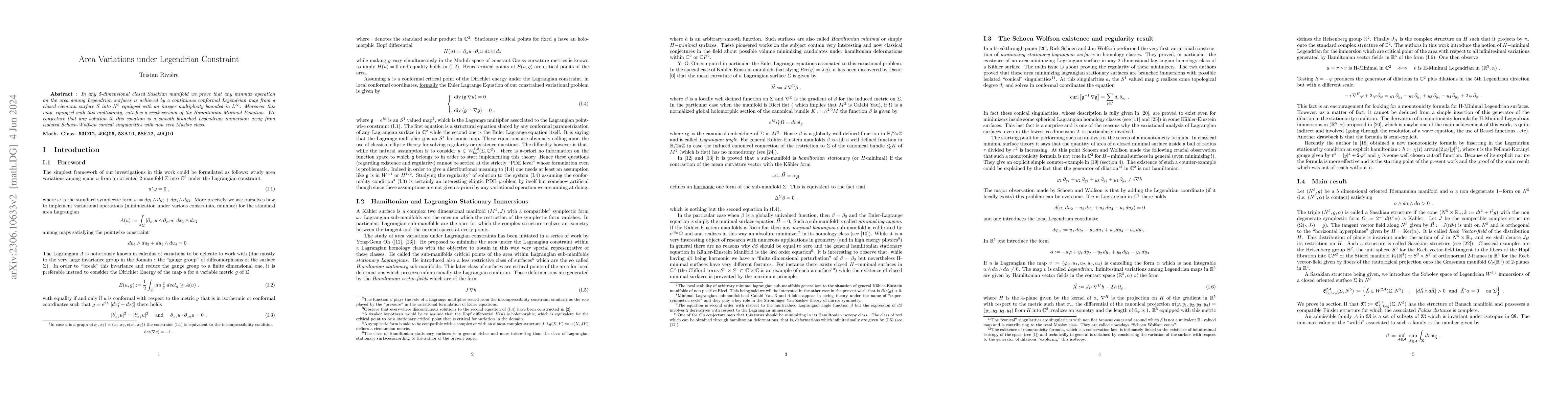 Thumbnail for Area Variations under Legendrian Constraint