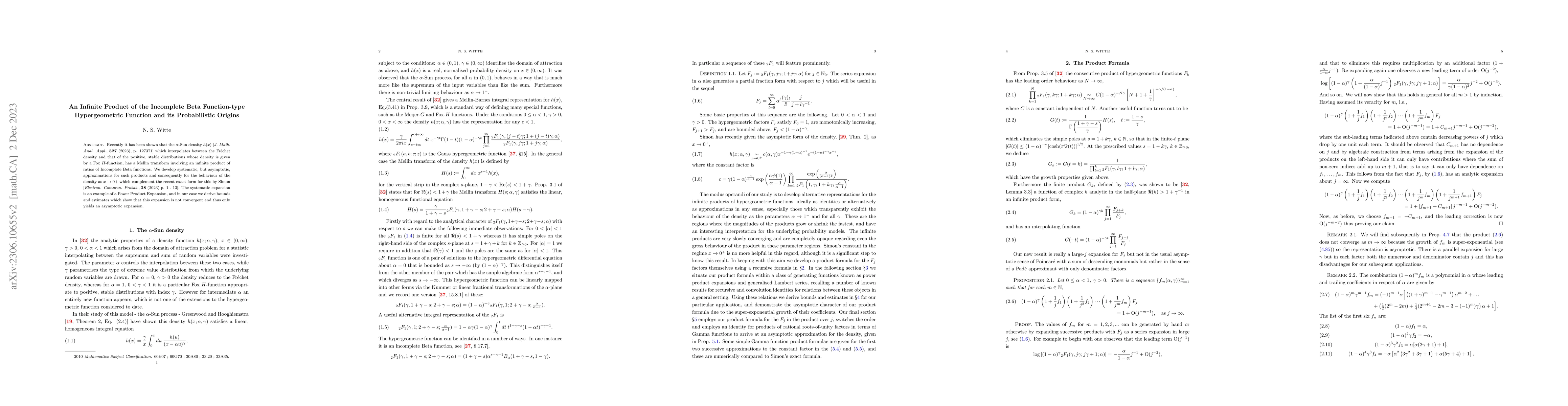 Thumbnail for An Infinite Product of the Incomplete Beta Function-type Hypergeometric
  Function and its Probabilistic Origins