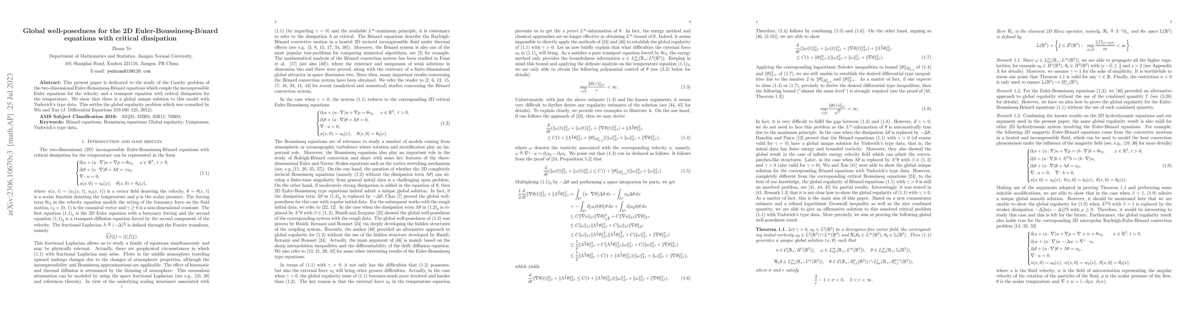 Thumbnail for Global well-posedness for the 2D Euler-Boussinesq-B$\rm\acute{e}$nard
  equations with critical dissipation