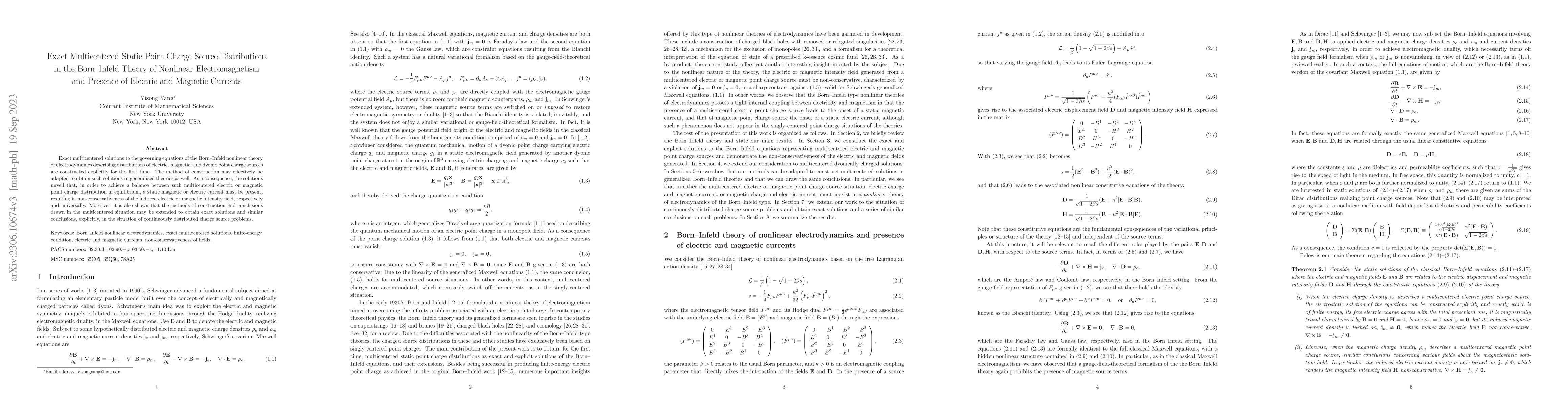Thumbnail for Exact Multicentered Static Point Charge Source Distributions in the
  Born-Infeld Theory of Nonlinear Electromagnetism and Presence of Electric and
  Magnetic Currents