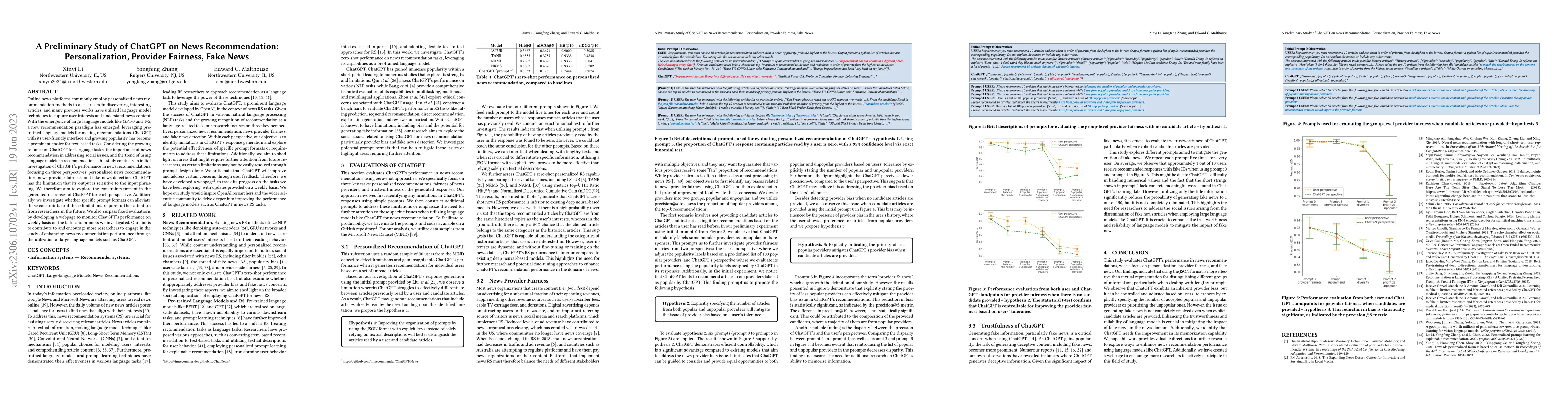 Thumbnail for A Preliminary Study of ChatGPT on News Recommendation: Personalization,
  Provider Fairness, Fake News
