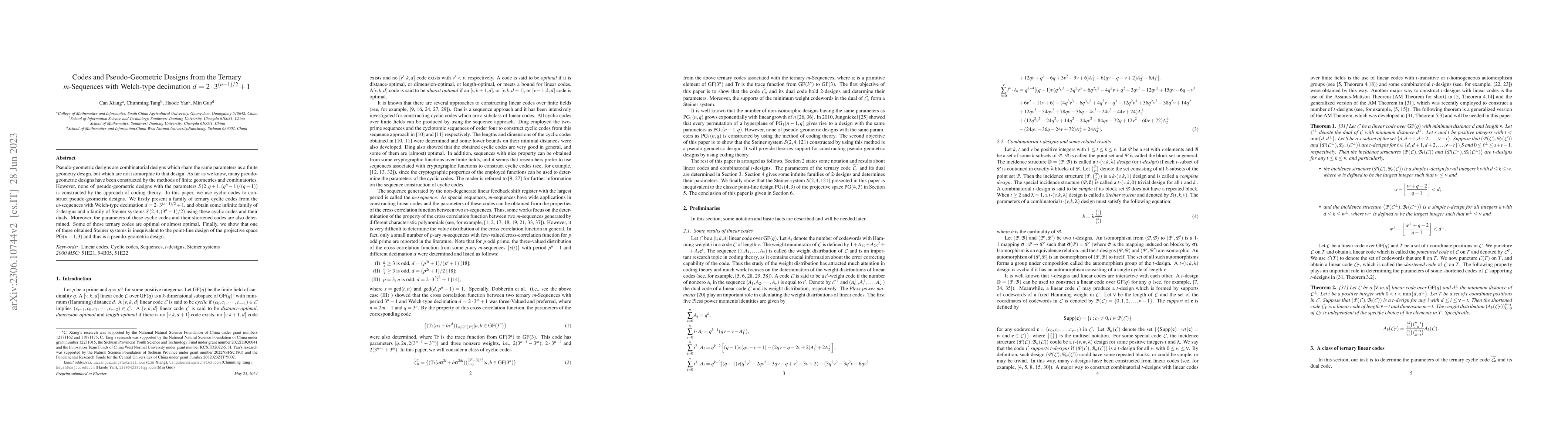 Thumbnail for Codes and Pseudo-Geometric Designs from the Ternary $m$-Sequences with
  Welch-type decimation $d=2\cdot 3^{(n-1)/2}+1$