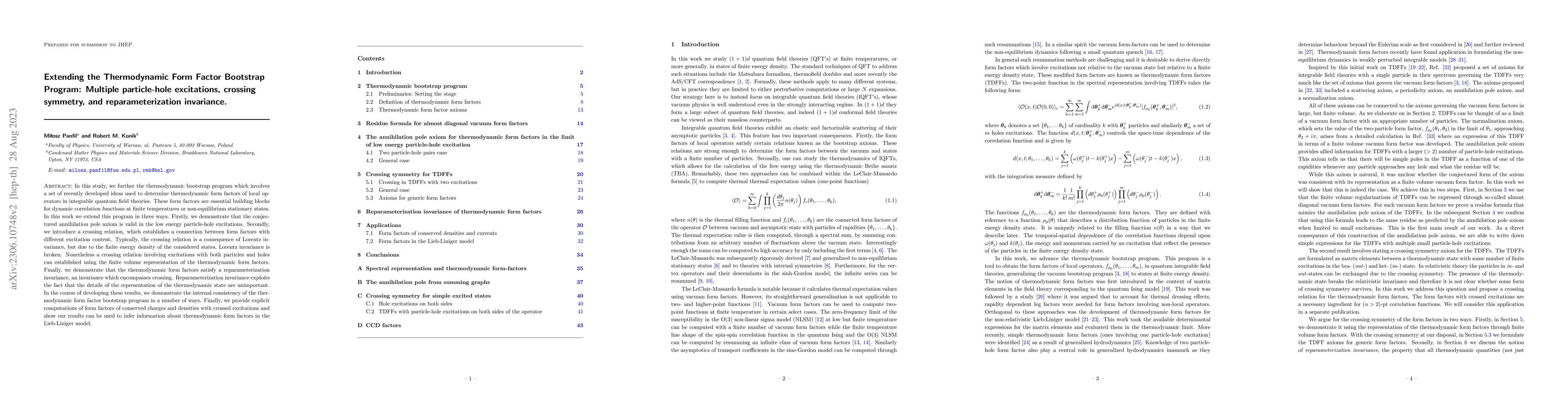 Thumbnail for Extending the Thermodynamic Form Factor Bootstrap Program: Multiple
  particle-hole excitations, crossing symmetry, and reparameterization
  invariance