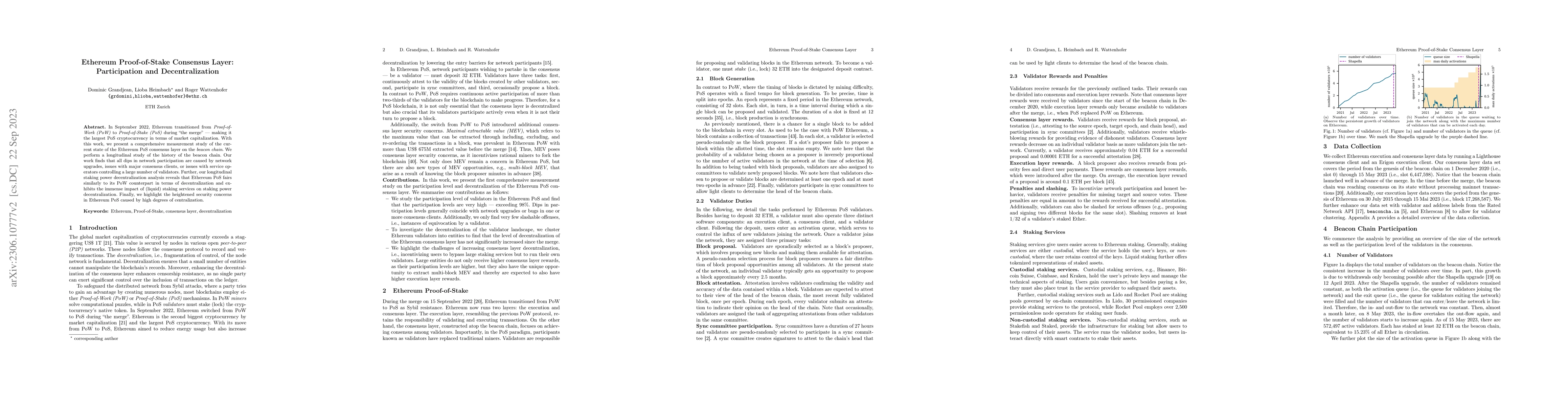 Thumbnail for Ethereum Proof-of-Stake Consensus Layer: Participation and
  Decentralization