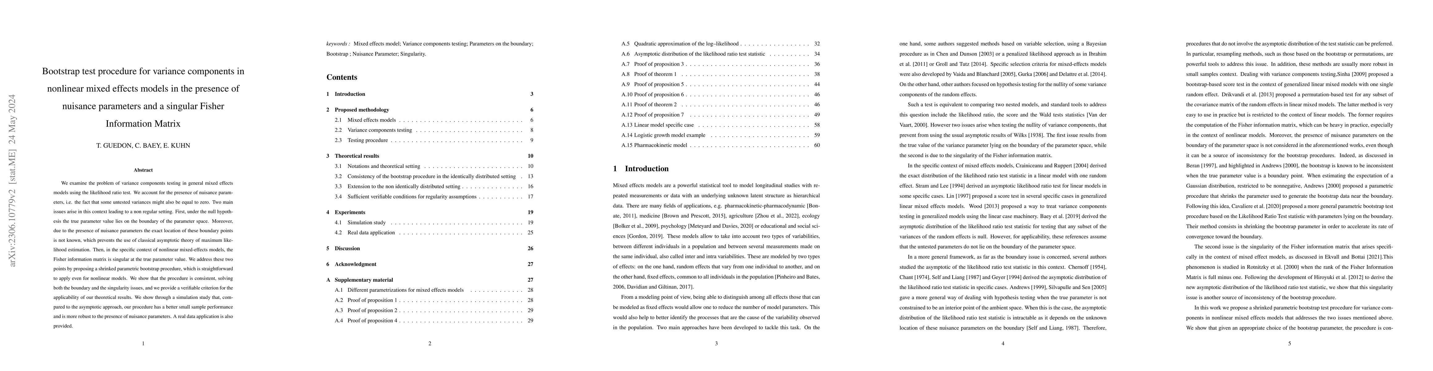 Thumbnail for Bootstrap test procedure for variance components in nonlinear mixed
  effects models in the presence of nuisance parameters and a singular Fisher
  Information Matrix