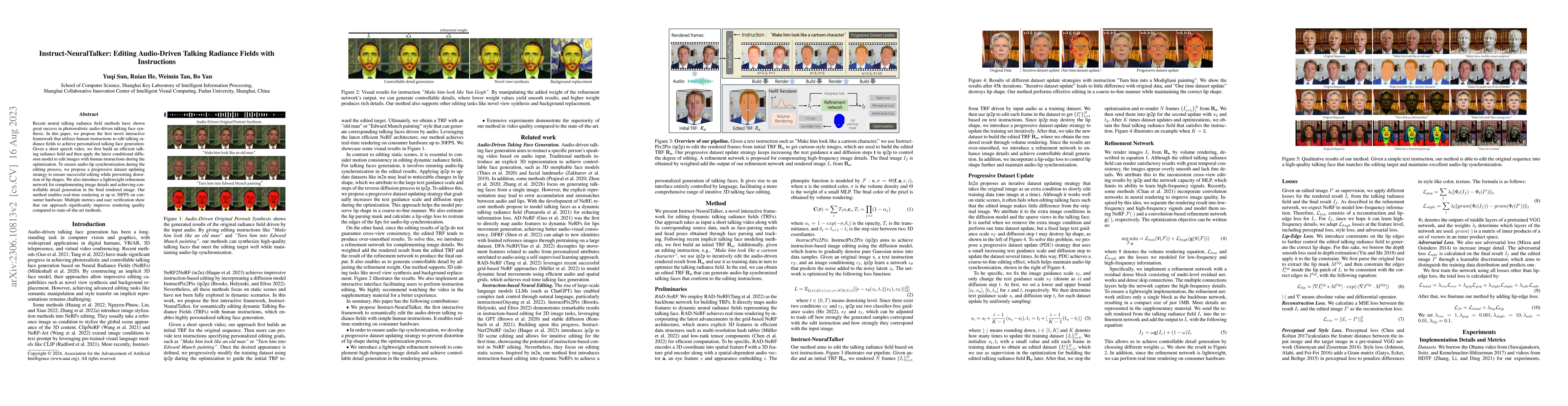 Thumbnail for Instruct-NeuralTalker: Editing Audio-Driven Talking Radiance Fields with
  Instructions