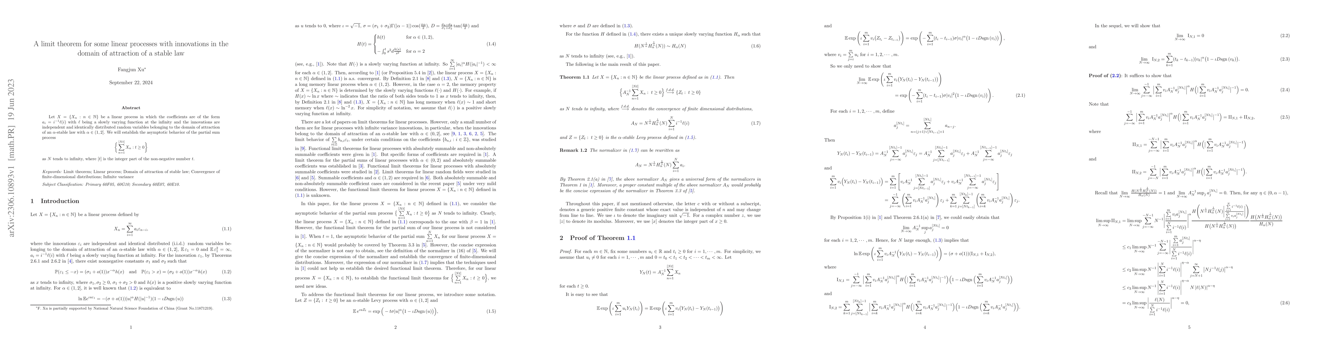 Thumbnail for A limit theorem for some linear processes with innovations in the domain
  of attraction of a stable law