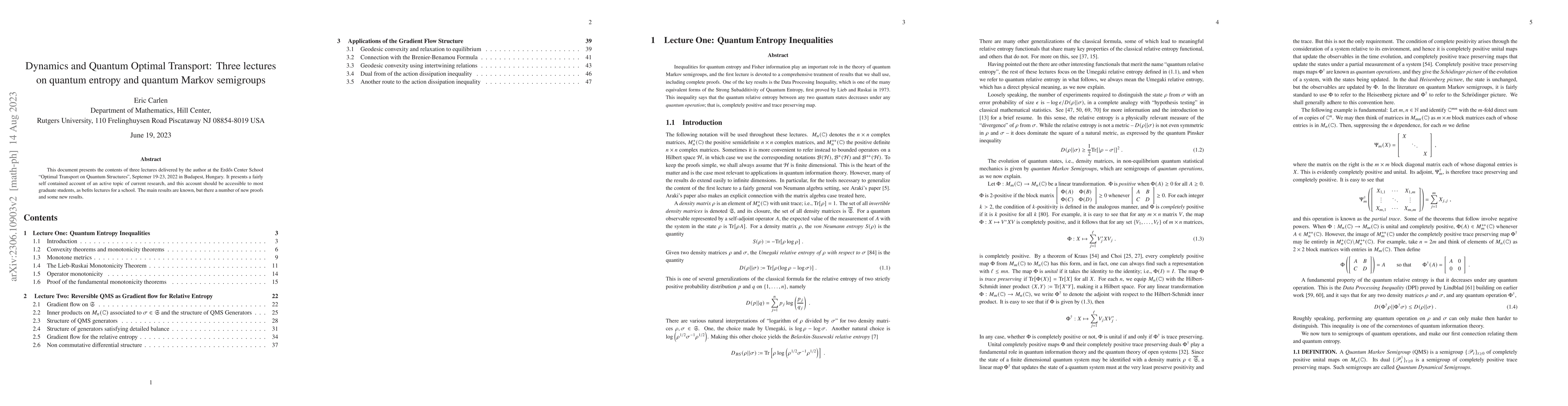 Thumbnail for Dynamics and Quantum Optimal Transport: Three lectures on quantum
  entropy and quantum Markov semigroups