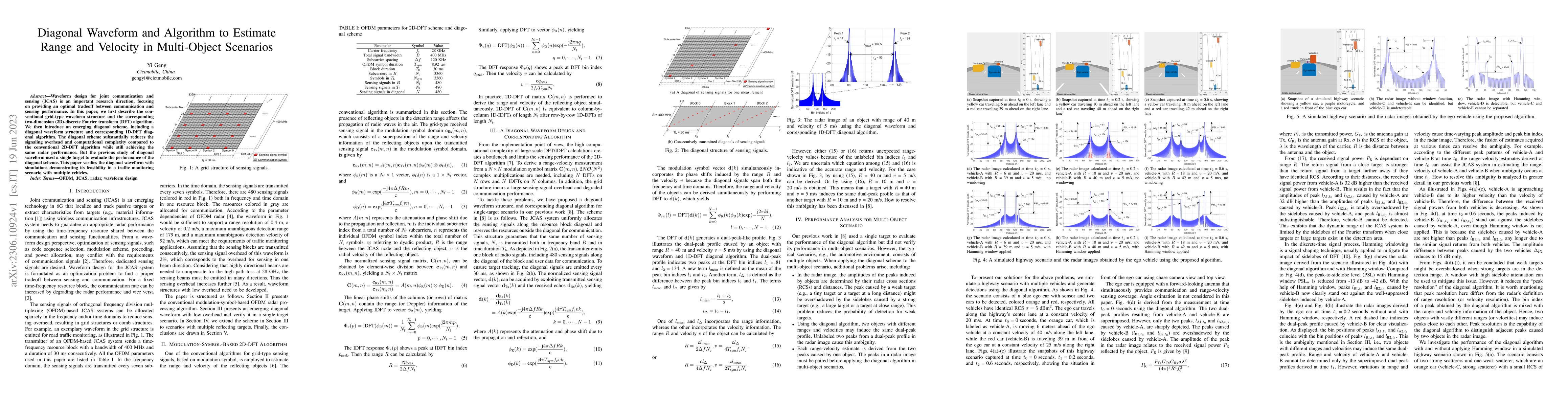 Thumbnail for Diagonal Waveform and Algorithm to Estimate Range and Velocity in
  Multi-Object Scenarios