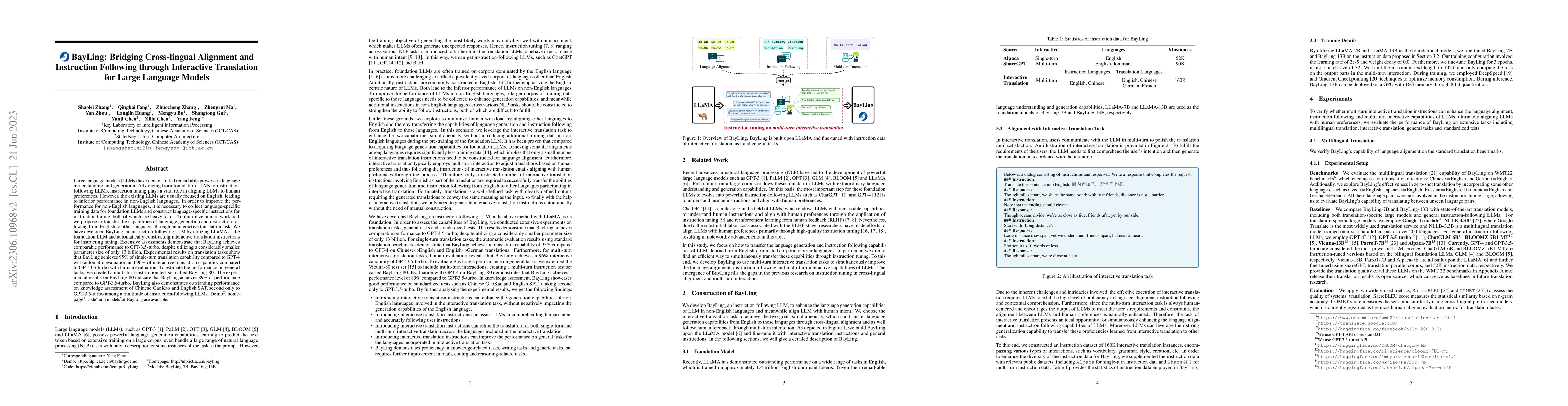 Thumbnail for BayLing: Bridging Cross-lingual Alignment and Instruction Following
  through Interactive Translation for Large Language Models