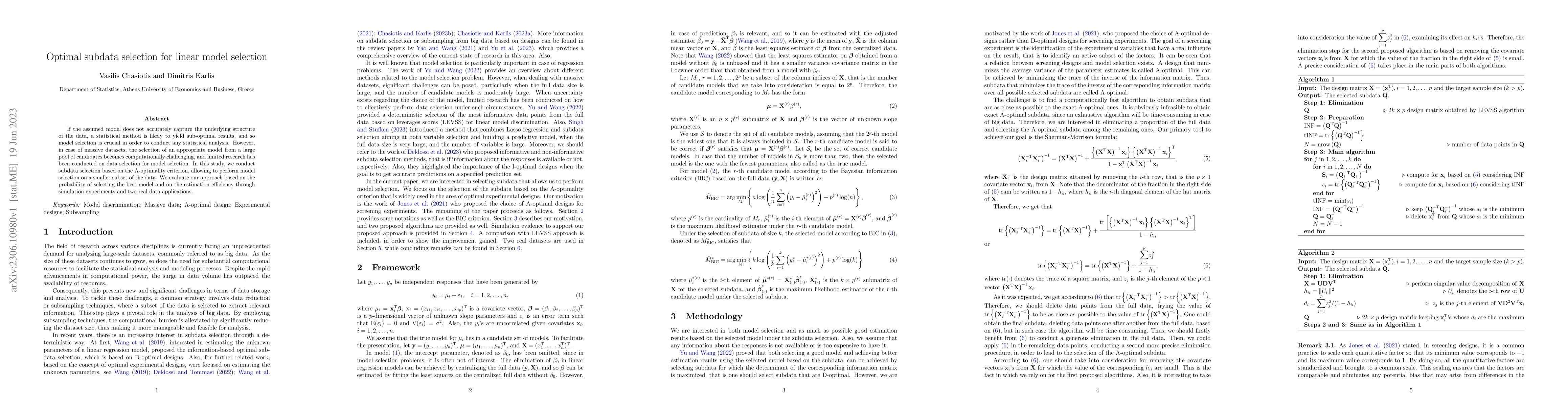 Thumbnail for Optimal subdata selection for linear model selection