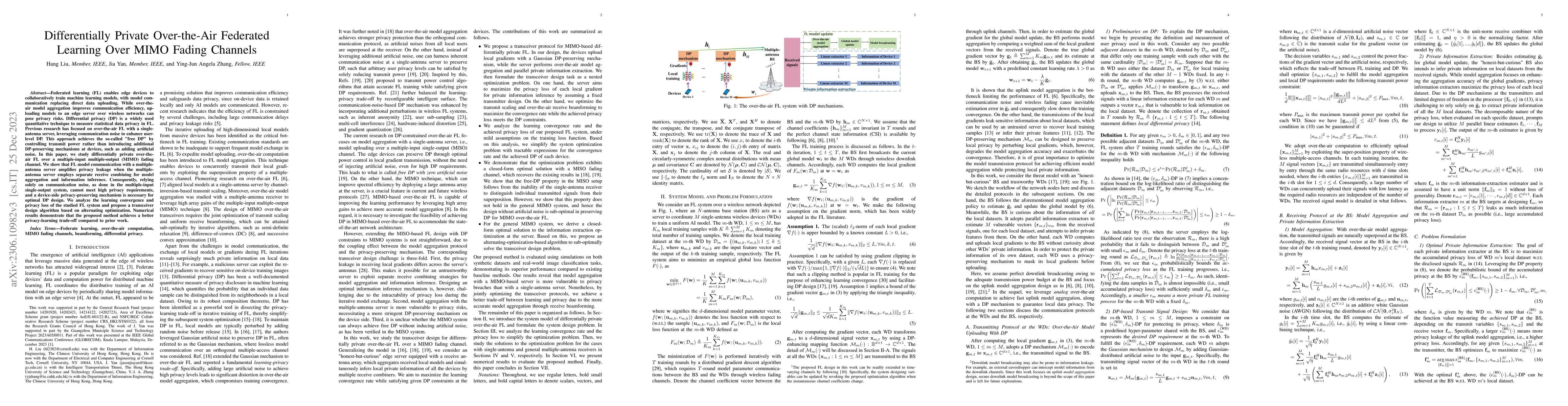 Thumbnail for Differentially Private Over-the-Air Federated Learning Over MIMO Fading
  Channels