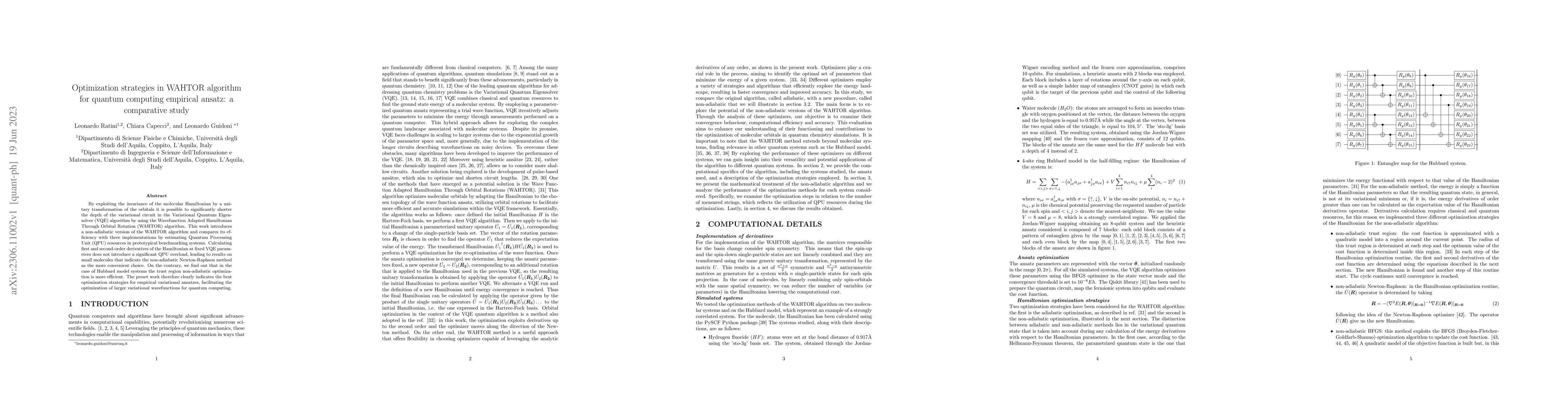 Thumbnail for Optimization strategies in WAHTOR algorithm for quantum computing
  empirical ansatz: a comparative study