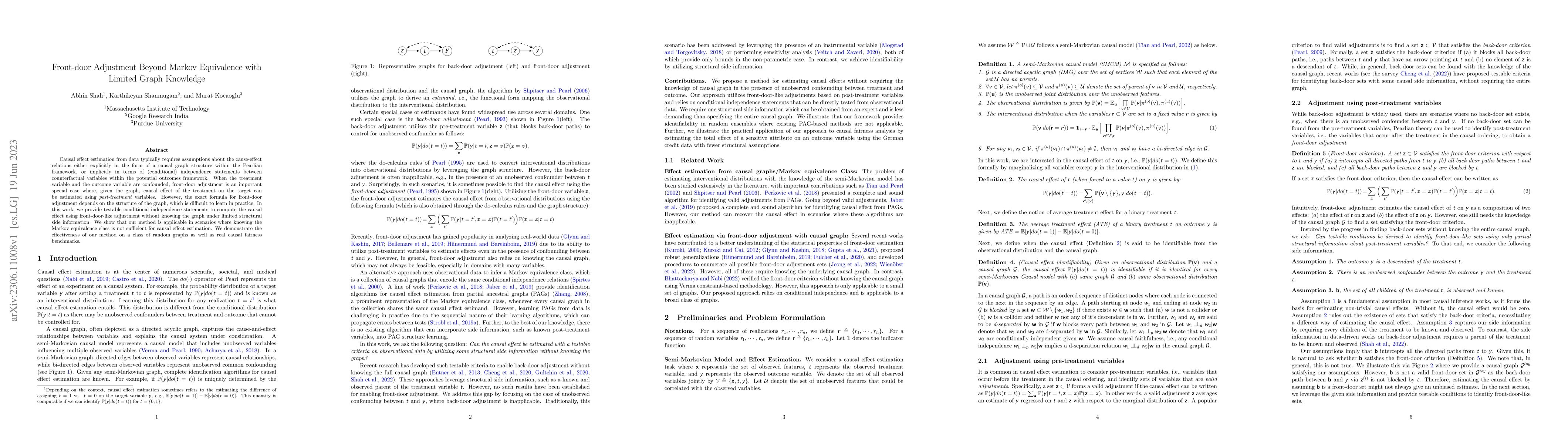 Thumbnail for Front-door Adjustment Beyond Markov Equivalence with Limited Graph
  Knowledge