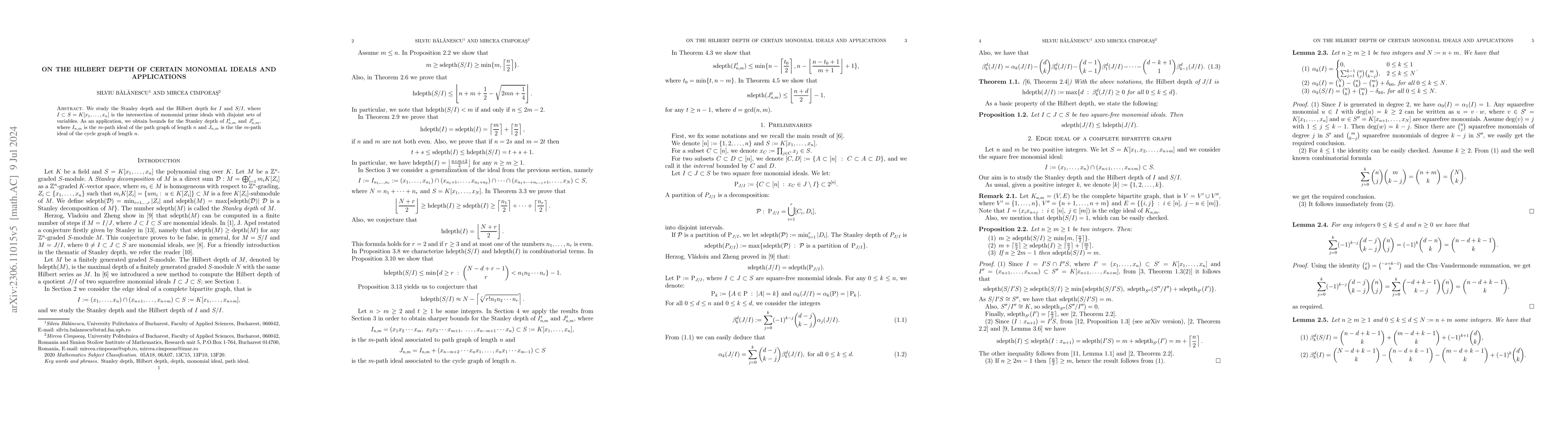 Thumbnail for On the Hilbert depth of certain monomial ideals and applications