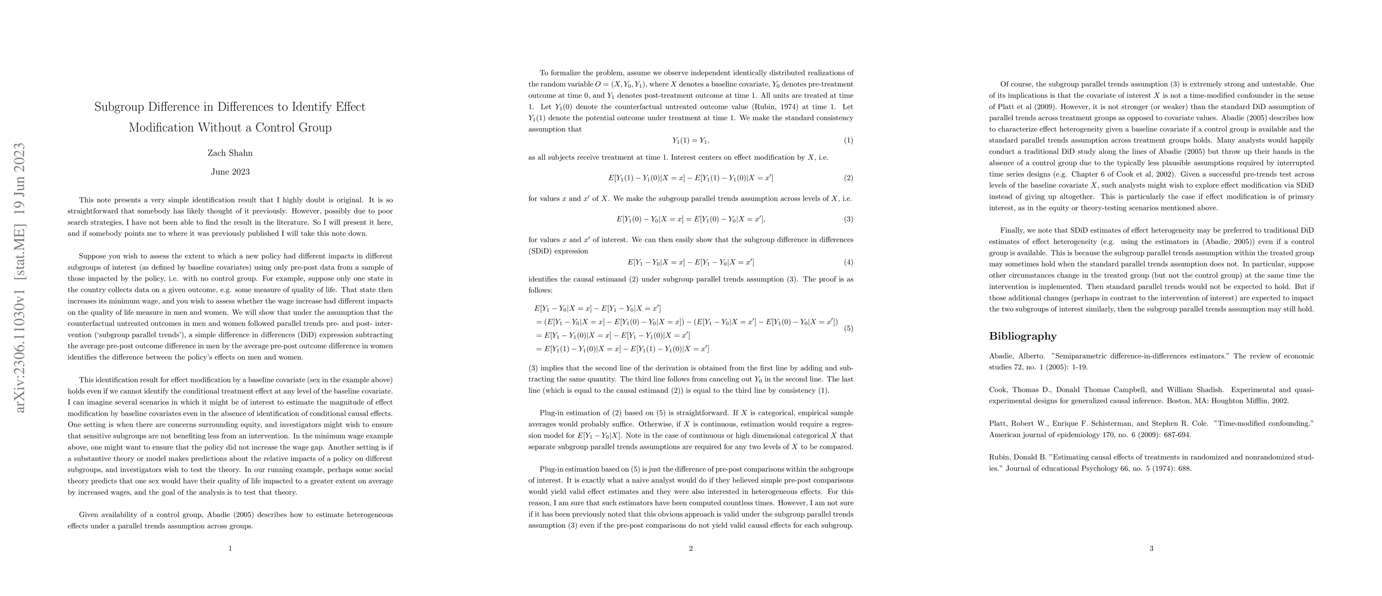 Thumbnail for Subgroup Difference in Differences to Identify Effect Modification
  Without a Control Group