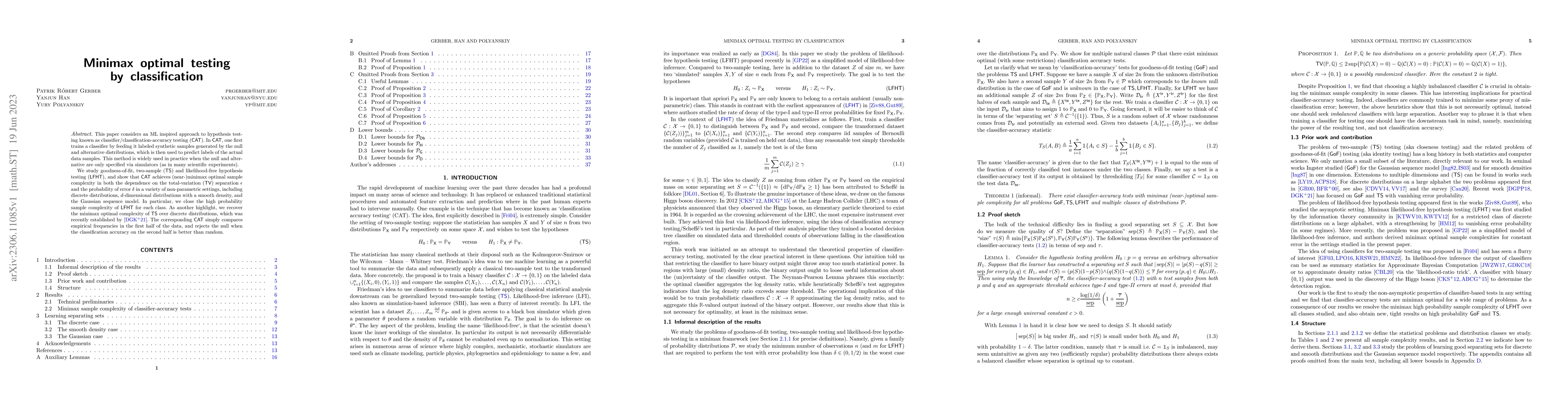 Thumbnail for Minimax optimal testing by classification