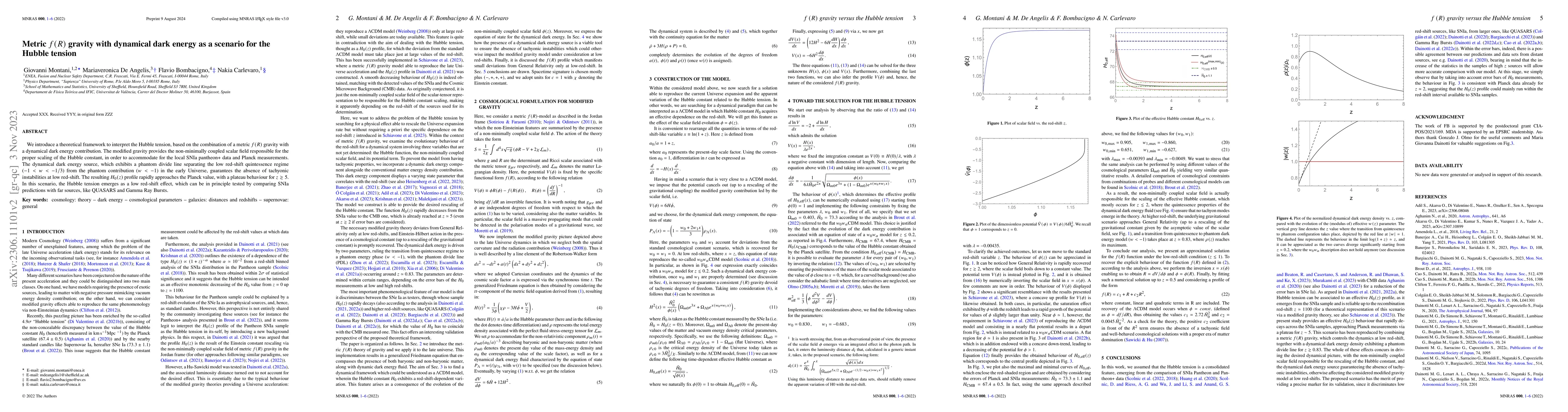 Thumbnail for Metric $f(R)$ gravity with dynamical dark energy as a scenario for the
  Hubble tension
