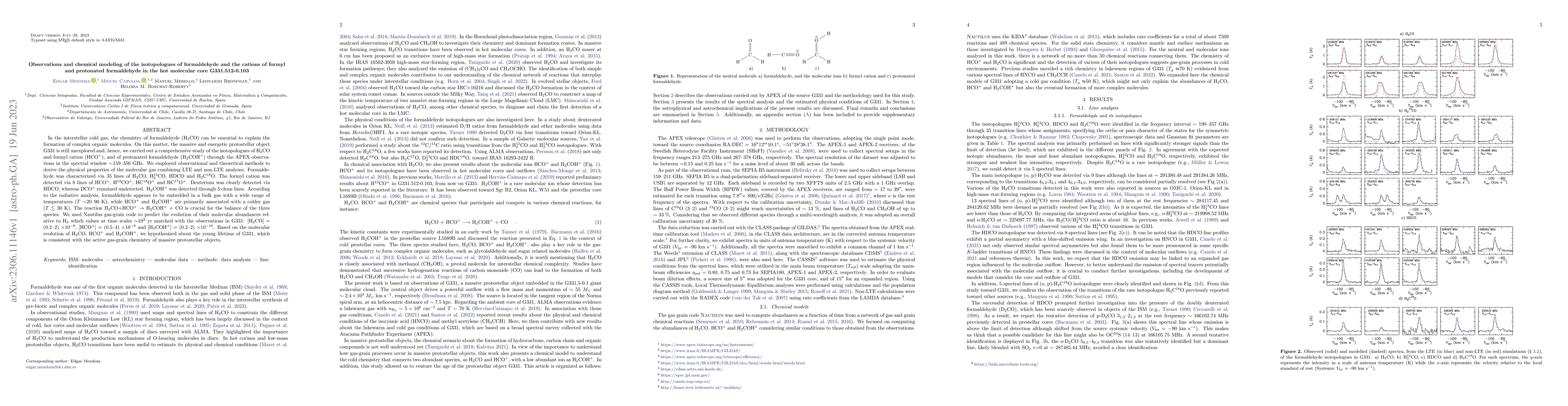 Thumbnail for Observations and chemical modeling of the isotopologues of formaldehyde
  and the cations of formyl and protonated formaldehyde in the hot molecular
  core G331.512-0.103