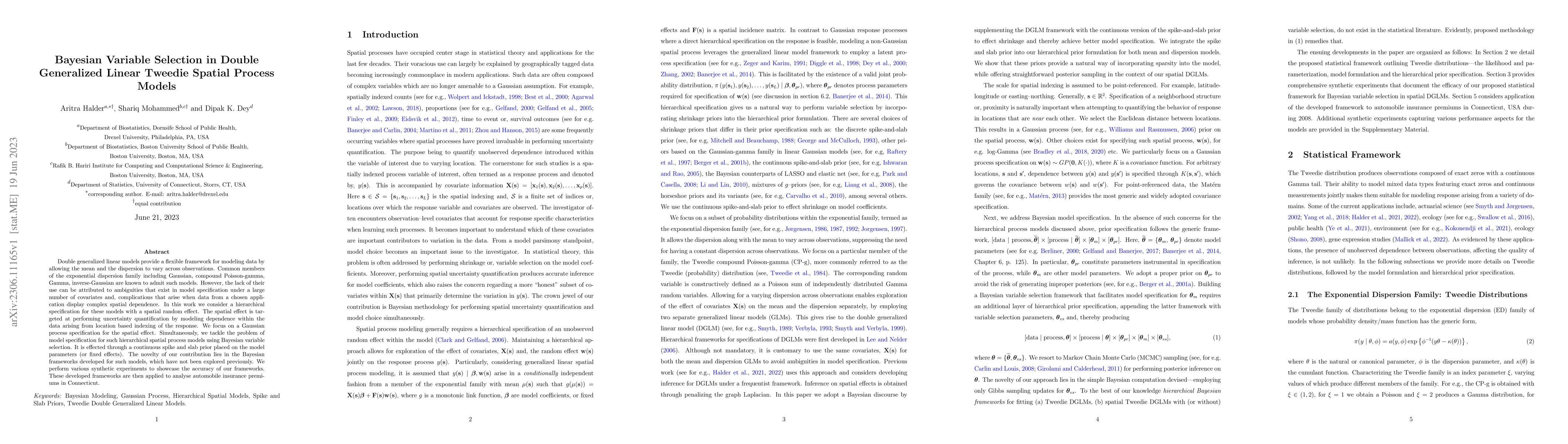 Thumbnail for Bayesian Variable Selection in Double Generalized Linear Tweedie Spatial
  Process Models