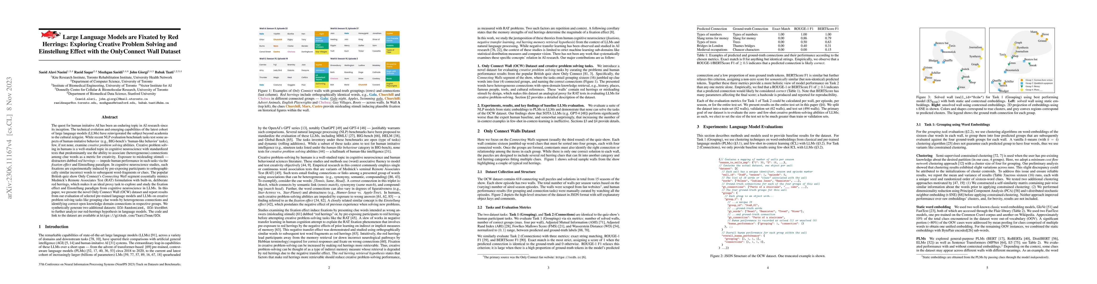 Thumbnail for Large Language Models are Fixated by Red Herrings: Exploring Creative
  Problem Solving and Einstellung Effect using the Only Connect Wall Dataset