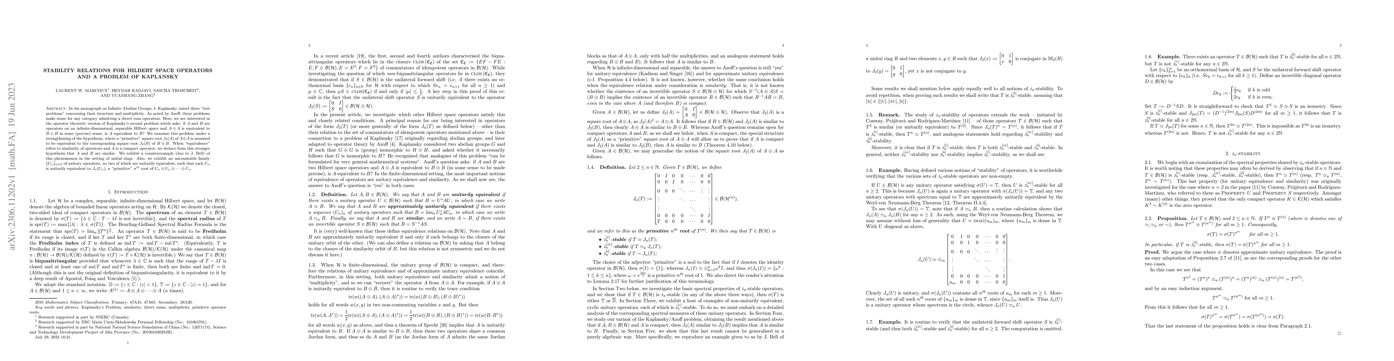 Thumbnail for Stability relations for Hilbert space operators and a problem of
  Kaplansky