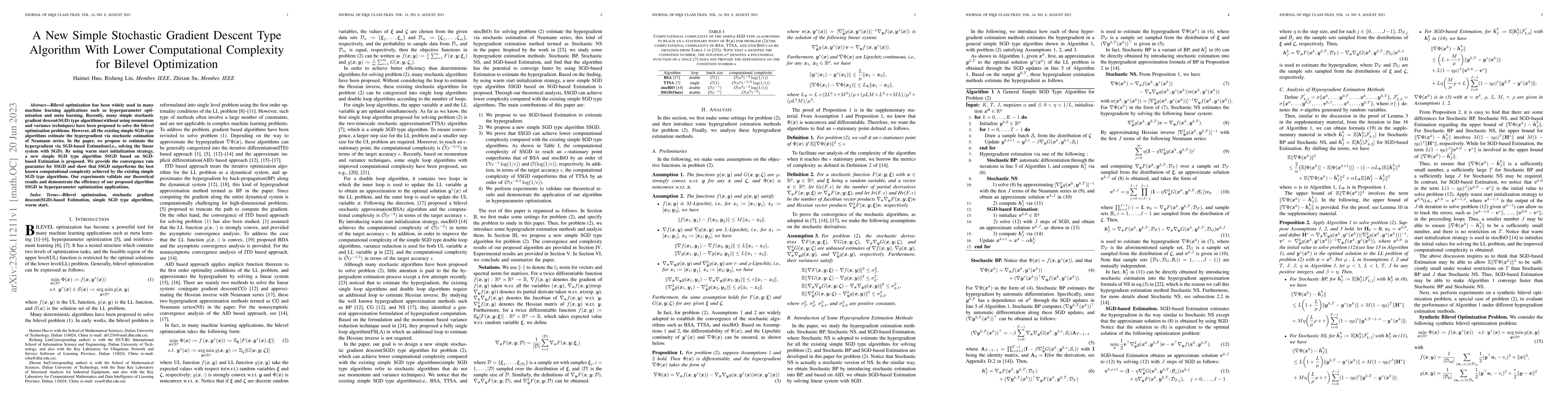 Thumbnail for A New Simple Stochastic Gradient Descent Type Algorithm With Lower
  Computational Complexity for Bilevel Optimization